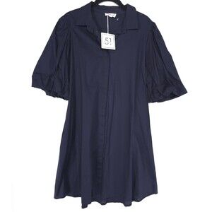 CIVICO 51 Women’s New Shirt Dress Puff Sleeve LARGE Navy ITALY MADE Cotton
